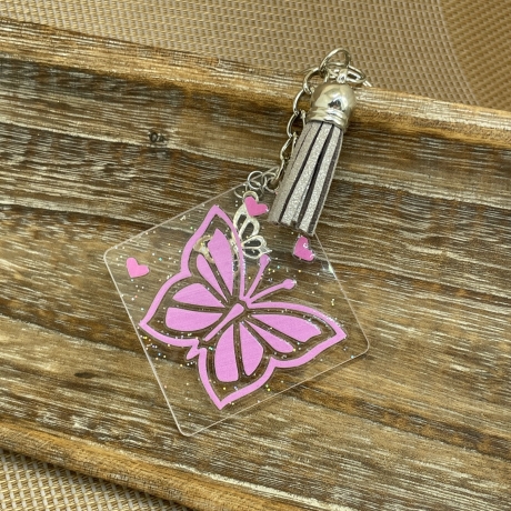 Schlüsselanhänger Glitzer-Acryl - Schmetterling Herzen rosa
