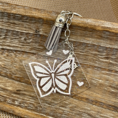 Schlüsselanhänger Glitzer-Acryl - Schmetterling Herzen rosa