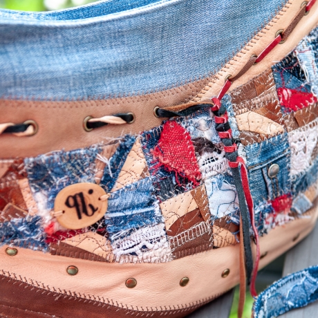 Künstlertasche - UPCYCLING Jeans-Leder-Tasche, Jeanspatchwork