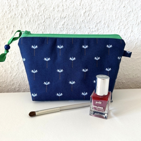Kosmetiktasche dunkelblau grün kleine Blüten