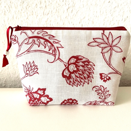 Kosmetiktasche Leinen weiß mit weinroten Blumenmuster