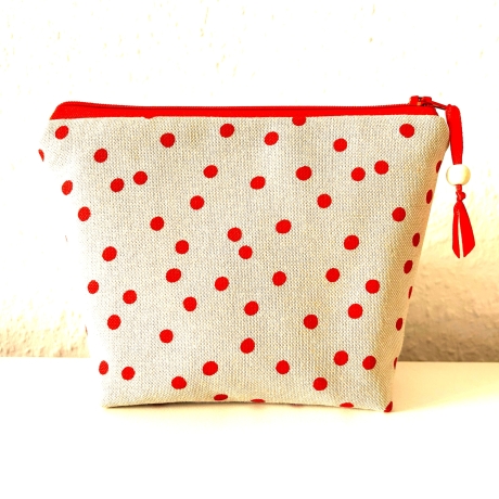 Kosmetiktasche Schminktasche beige rote Punkte
