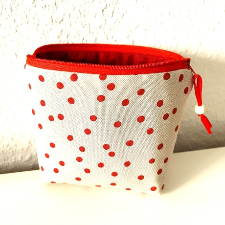 Kosmetiktasche Schminktasche beige rote Punkte