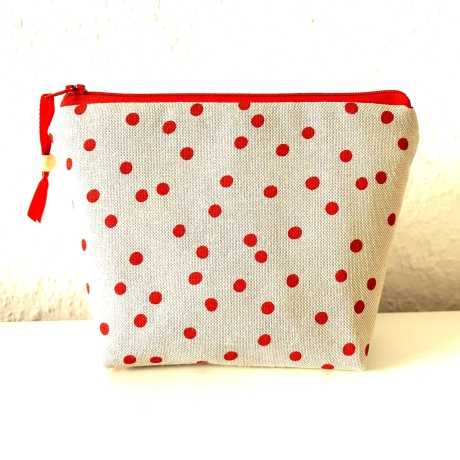 Kosmetiktasche Schminktasche beige rote Punkte