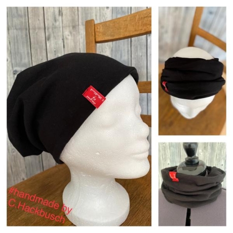 Beanie Mütze Stirnband Loop schwarz Schlapphut Zopf Beanie