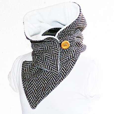 Kapuzenschal - Wollstoff mit Fleece creme-braun, Kragen, Schal