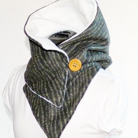 Kapuzenschal mit Fleece, Wollstoff grau-camel, Kragen