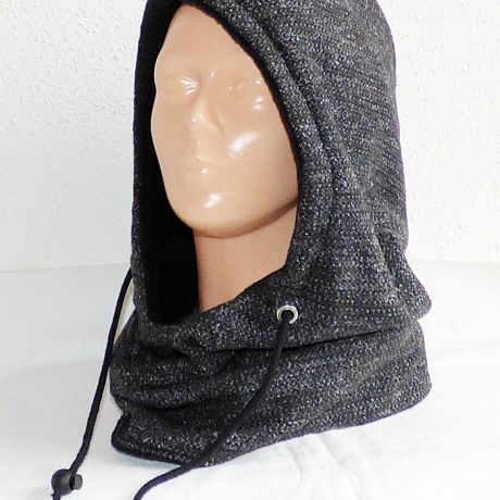 Kapuzenloop mit Kordel, Wollstoff schwarz meliert mit Fleece