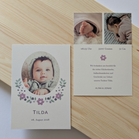 100 Dankeskarten Geburt Blütenlila