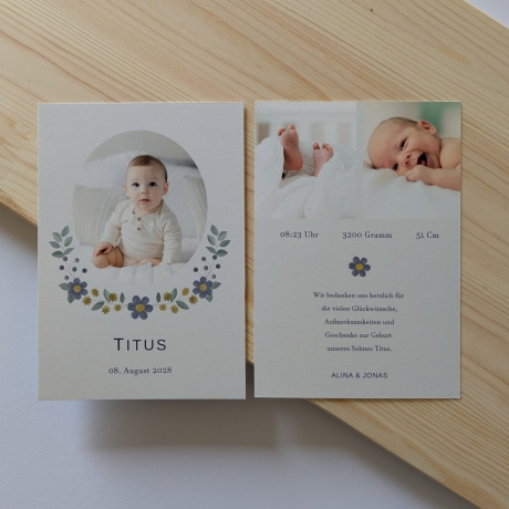 100 Dankeskarten Geburt Blütenblau