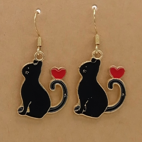 Katzen mit Herz Ohrringe schwarze Emaille Edelstahl Ohrhänger