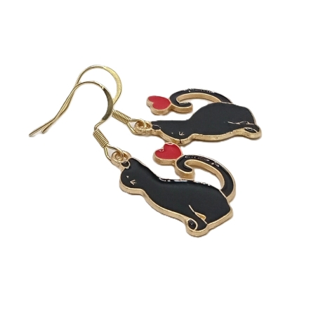 Katzen mit Herz Ohrringe schwarze Emaille Edelstahl Ohrhänger