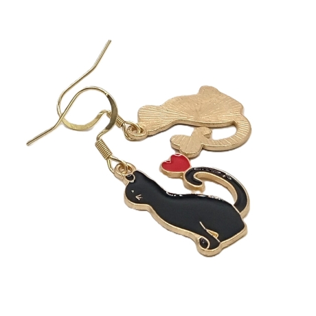 Katzen mit Herz Ohrringe schwarze Emaille Edelstahl Ohrhänger