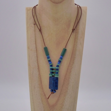 Keramikkette Mix, blau grün, Halskette aus Keramikperlen, Leder