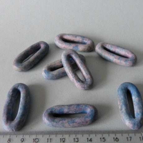 6 Keramikperlen, blau grau rosa, O-Form, ovale Ringe, Sonderform