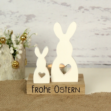 Kerzenhalter Ostern – Hasen aus Gießpulver, Holz & Teelichter