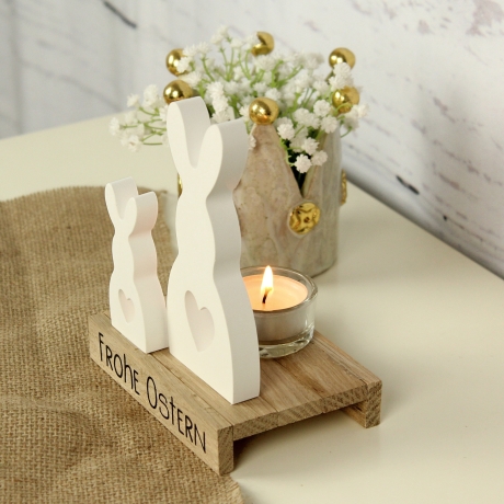 Kerzenhalter Ostern – Hasen aus Gießpulver, Holz & Teelichter