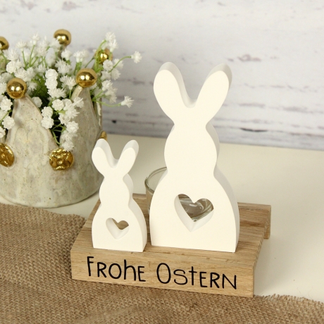Kerzenhalter Ostern – Hasen aus Gießpulver, Holz & Teelichter