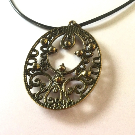 Halskette ovales Blumenmedallion bronzefarben mit Straß