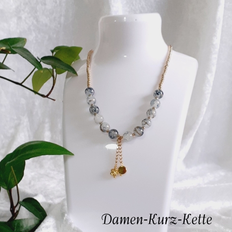 Kurz Kette Halskette Perlenkette Schmuck Perlen marmorierte Perle