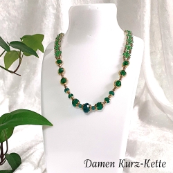 Kette Halskette Grün-Golden Damenkette Schmuck Glasperlen Perlen