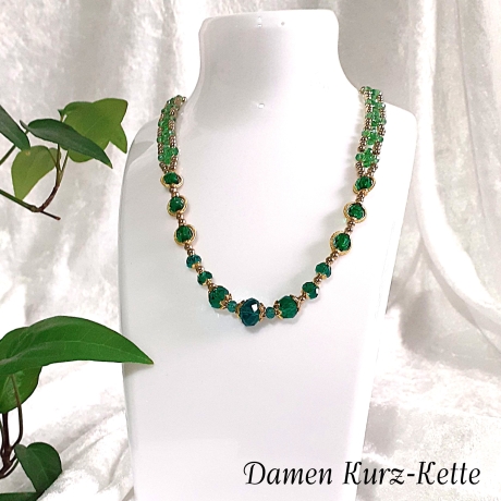 Kette Halskette Grün-Golden Damenkette Schmuck Glasperlen Perlen
