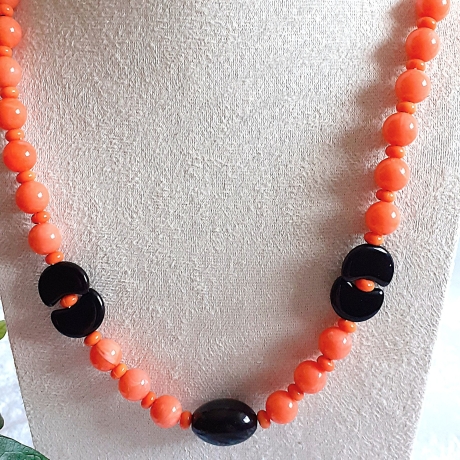 Lange Damenkette Kette Halskette Orange mit Schwarz 80cm Schmuck