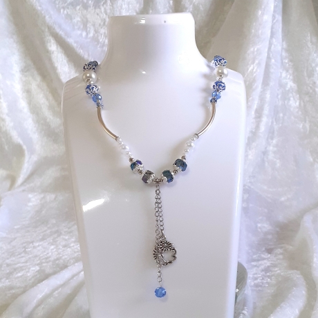 Röhren-Kette Kurzkette Silber-Blau Damen-Schmuck