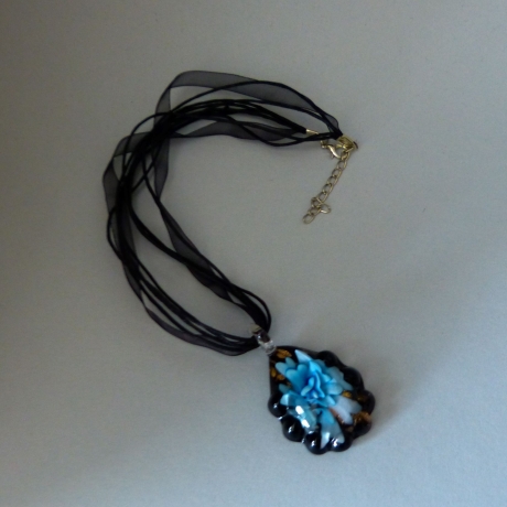 Halskette Glasanhänger, Kette mit Anhänger, blau silber schwarz