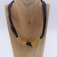 Halskette schwarz gold, 40 +4cm, Lederbänder, Statementkette