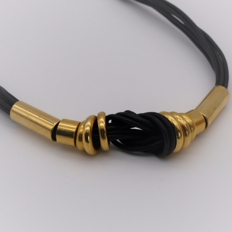 Halskette schwarz gold, 40 +4cm, Lederbänder, Statementkette