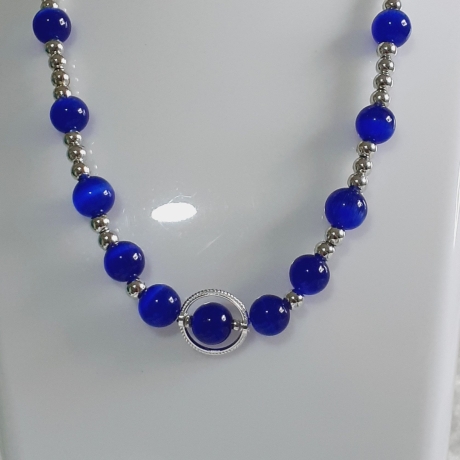 Kette Halskette Perlenkette Tiefblau Damenkette Glas- Katzenaugen