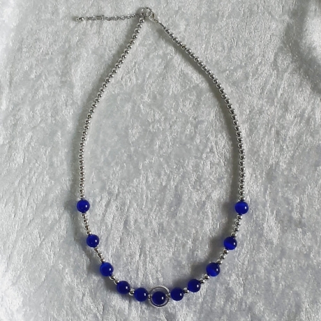 Kette Halskette Perlenkette Tiefblau Damenkette Glas- Katzenaugen