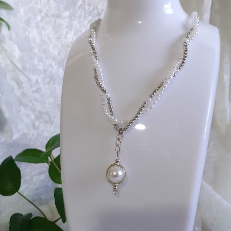 Mehrstrang-Kette Perlen-Kette Kurzkette doppelreihig Silber-Weiß