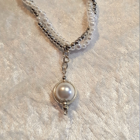 Mehrstrang-Kette Perlen-Kette Kurzkette doppelreihig Silber-Weiß