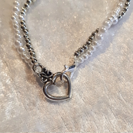 Mehrstrang-Kette Perlen-Kette Kurzkette doppelreihig Silber-Weiß