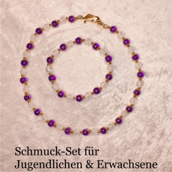 Kette Armband - Set Halskette Perlenkette Schmuckset Lila-Gold 