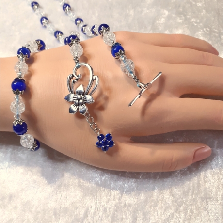 Kette Armband - Set Halskette Perlenkette Schmuckset Weiß-Blau