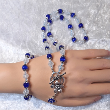 Kette Armband - Set Halskette Perlenkette Schmuckset Weiß-Blau