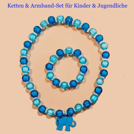 Kinder-Schmuck-Set Kette & Armband Elefant Blau Perlenschmuck 