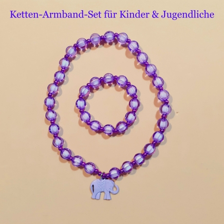 Kinder-Schmuck-Set Kette & Armband Elefant Lila Perlenschmuck 