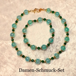 Kette Armband - Set Halskette Perlenkette Schmuckset Grün-Gold 