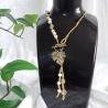 Kette mit Weinlaub-Anhänger Gold-Weiß Perlenkette Mittellang Dame