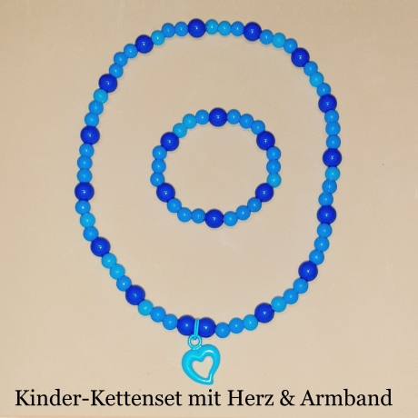 Kinder-Schmuck-Set Kette & Armband Herz blau Perlenschmuck 