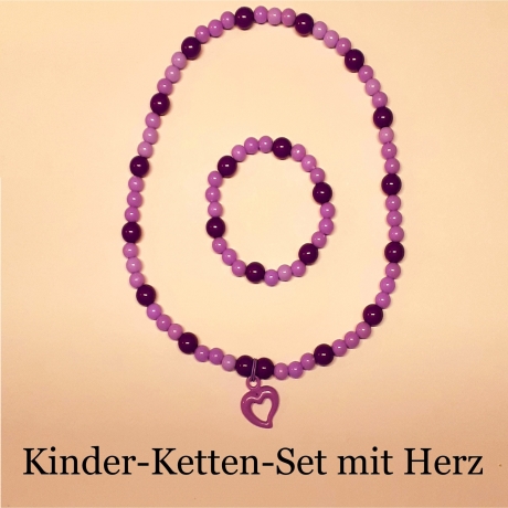 Kinder-Schmuck-Set Kette & Armband Herz Lila Perlenschmuck 