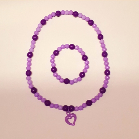 Kinder-Schmuck-Set Kette & Armband Herz Lila Perlenschmuck 