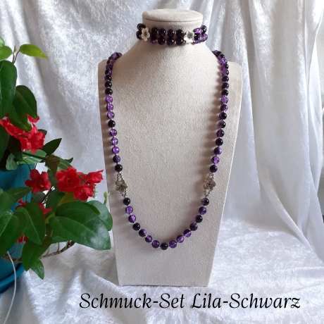 Kette Armband Schmuck-Set, große Größe Lila-Schwarz Halskette