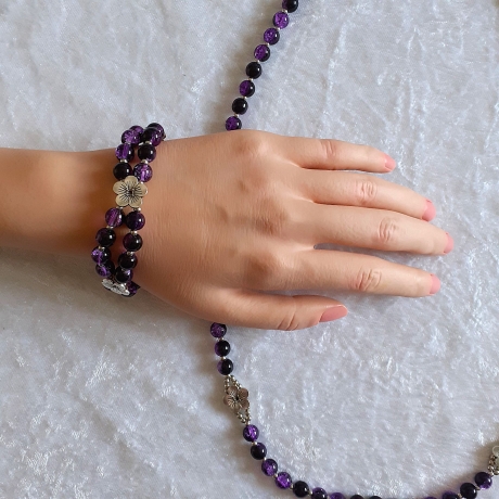 Kette Armband Schmuck-Set, große Größe Lila-Schwarz Halskette