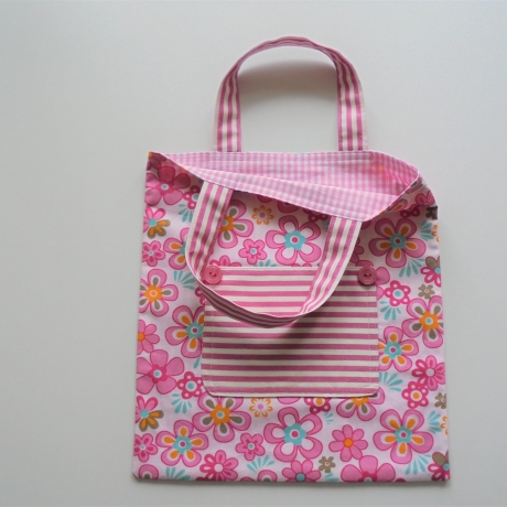 Kindertasche Stoffbeutel gefüttert 24x26 rosa mit Außentasche
