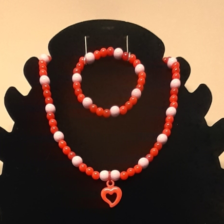 Kinder-Schmuck-Set Kette & Armband Herz Rot Perlenschmuck 